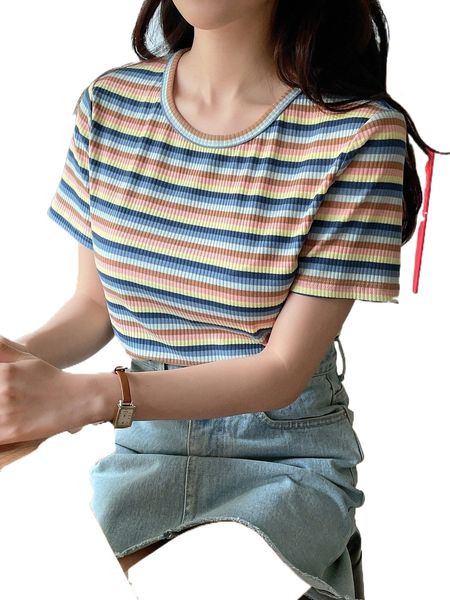 dazy block striped crew neck tee 17jc#, White 
dazy block striped crew neck tee 17jc#, White