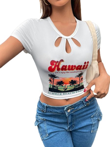 tropical & slogan graphic cut out front tee 35iy#, White
tropical & slogan graphic cut out front tee 35iy#, White