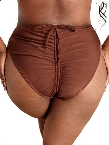 plus drawstring back high waist bikini bottom e7ht#, Black