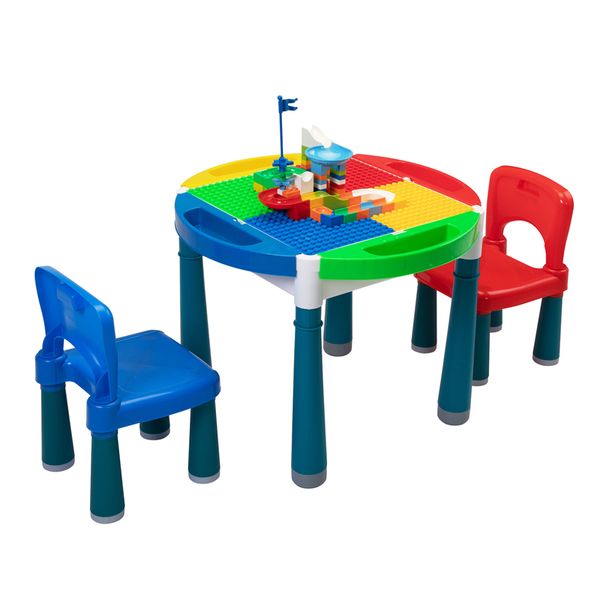 

2022 selling kids multi activity table & 2 chairs set blu eyellow red green building blocks toy compatible storage table