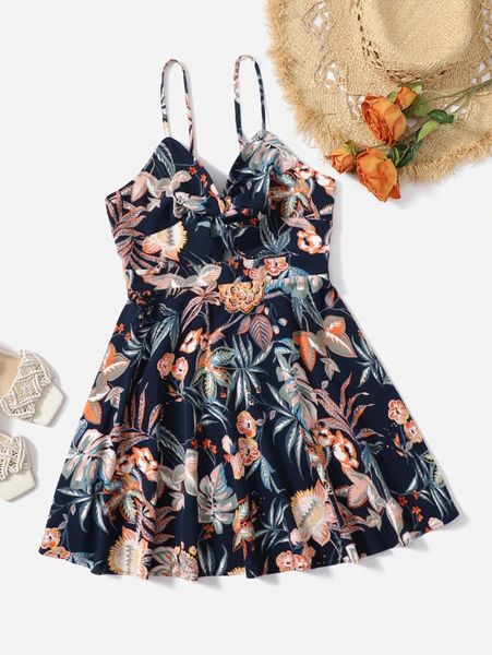plus tropical print twist front cami dress d9nd#, Black