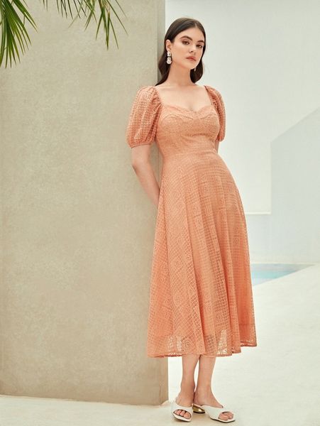 sweetheart neck puff sleeve lace dress c2ai#, Black;gray