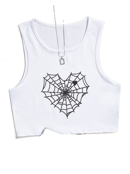 heart and spider web print crop tank 69w9#, White