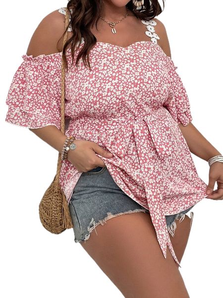 plus ditsy floral print guipure lace panel cold shoulder knot front blouse n1jn#, Black
plus ditsy floral print guipure lace panel cold shoulder knot front blouse n1jn#, Black