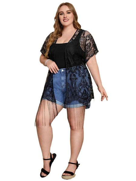 emery rose plus lace fringe trim belted kimono h91c#, Black;gray