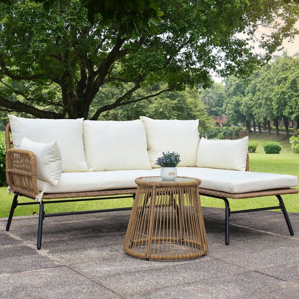 3 piece outdoor terrace balcony l shape natural wicker sofa set with beige cushions and round tempered glass table
3 piece outdoor terrace balcony l shape natural wicker sofa set with beige cushions and round tempered glass table