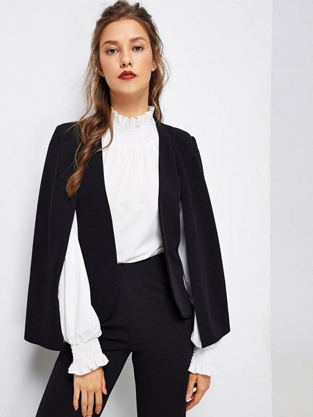 cloak sleeve open front blazer h9nf#, White 
cloak sleeve open front blazer h9nf#, White