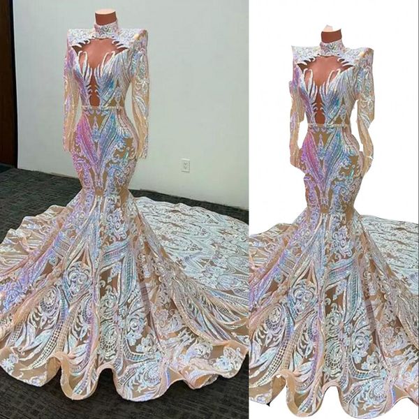 2022 sparkly sequined lace mermaid prom dresses long sleeves african sequins appliqued high neck illusion robe de bal fishtail sweep train e, Black
2022 sparkly sequined lace mermaid prom dresses long sleeves african sequins appliqued high neck illusion robe de bal fishtail sweep train e, Black