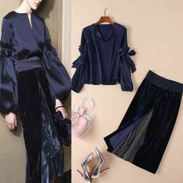 women's two piece pants autumn celebrity women's v-neck bow tie lantern sleeve split velvet skirt set, White
women's two piece pants autumn celebrity women's v-neck bow tie lantern sleeve split velvet skirt set, White