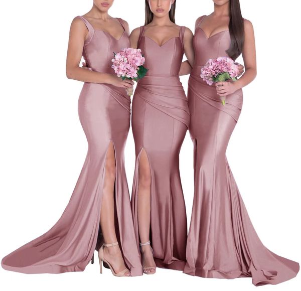

v neck mermaid bridesmaid dresses long satin slit formal prom evening gowns wedding guest dresses for women, White;pink
