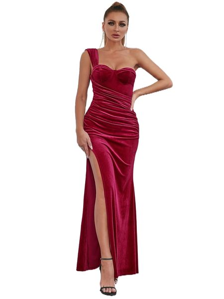 double crazy one shoulder ruched side split thigh velvet prom dress w4qd#, Black;gray
double crazy one shoulder ruched side split thigh velvet prom dress w4qd#, Black;gray