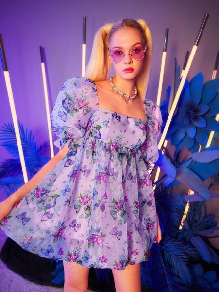square neck puff sleeve butterfly & floral print organza dress l3oo#, Black;gray
square neck puff sleeve butterfly & floral print organza dress l3oo#, Black;gray
