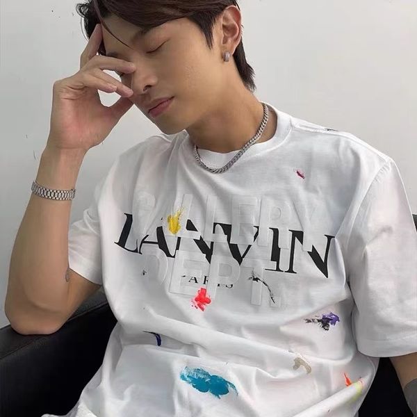 men and women lanvin gal joint t shirt 100% cotton hand painted splash graffiti letters loose short sleeve round neck t-shirt, White;black 
men and women lanvin gal joint t shirt 100% cotton hand painted splash graffiti letters loose short sleeve round neck t-shirt, White;black