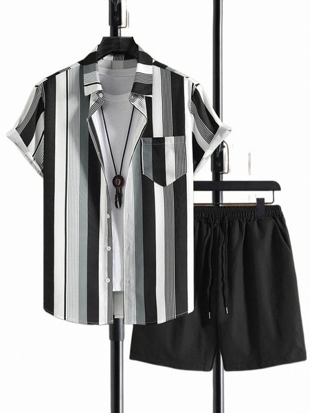 men striped print patched pocket shirt & drawstring waist shorts without tee f2ca#, Gray
men striped print patched pocket shirt & drawstring waist shorts without tee f2ca#, Gray