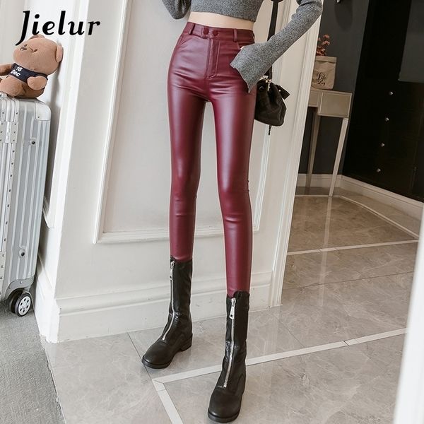 

jielur pu faux leather leggings women skinny silver red black pants female lady s3xl thinfleece pencil leggins mujer y200904