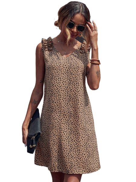 all over print ruffle trim tunic dress e8tx#, Black;gray