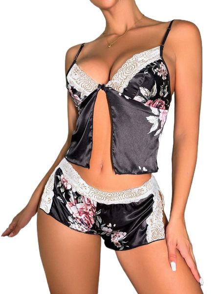 floral print contrast lace satin lingerie set w5df#, Black;red
floral print contrast lace satin lingerie set w5df#, Black;red
