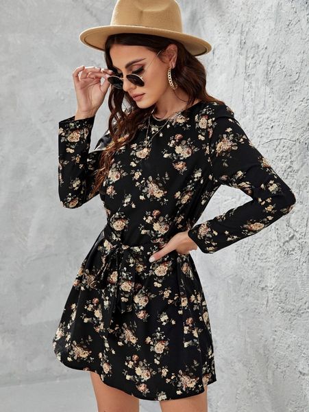 floral print belted dress 36rg#, Black;gray