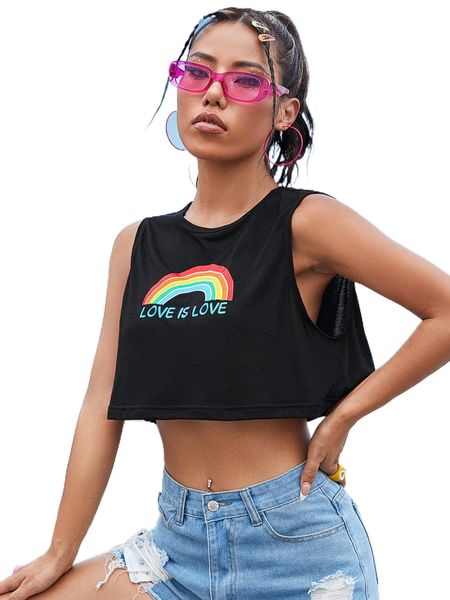 slogan & rainbow print crop tank k55o#, White