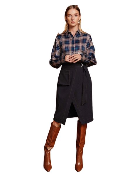 motf premium viscose belted wrap skirt 83qr#, Black