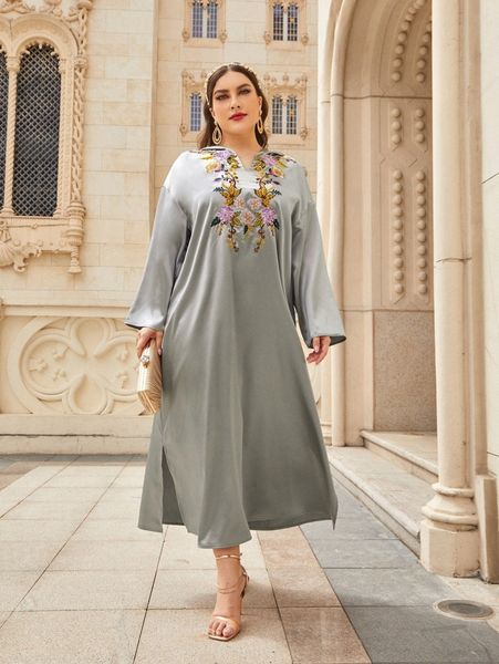 plus floral embroidery drop shoulder split hem satin dress w9iv#, Black