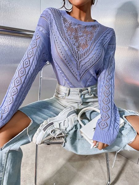 lace panel drop shoulder sweater w8mb#, White;black
lace panel drop shoulder sweater w8mb#, White;black