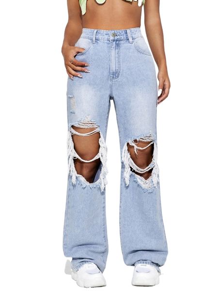 high waist cut out ripped frayed wide leg jeans k4gq#, Blue