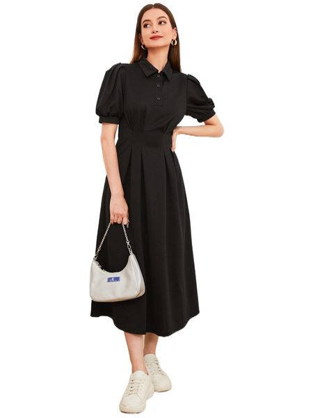 puff sleeve fold pleated detail polo neck dress h4ik#, Black;gray