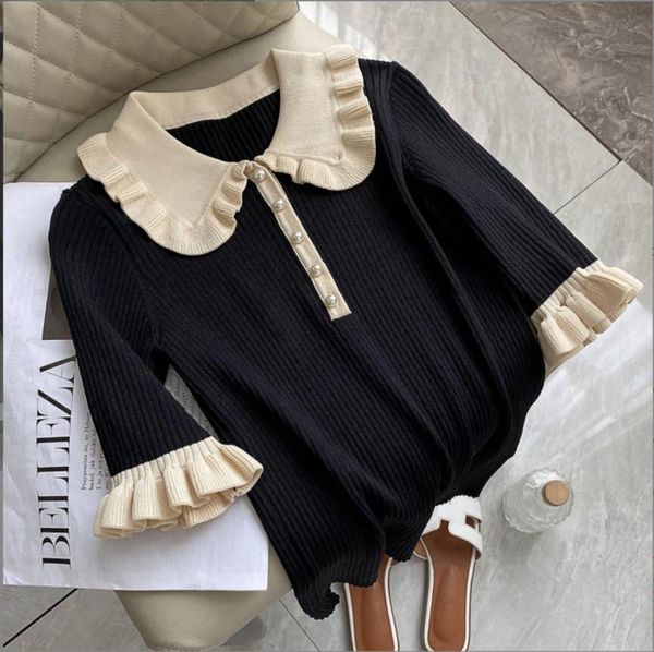 509 2022 summer kint short sleeve lapel neck brand same style sweater pullover black luxury womens clothes weikey, White;black
509 2022 summer kint short sleeve lapel neck brand same style sweater pullover black luxury womens clothes weikey, White;black