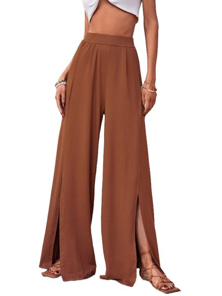 solid split hem wide leg pants t0eu#, Black;white