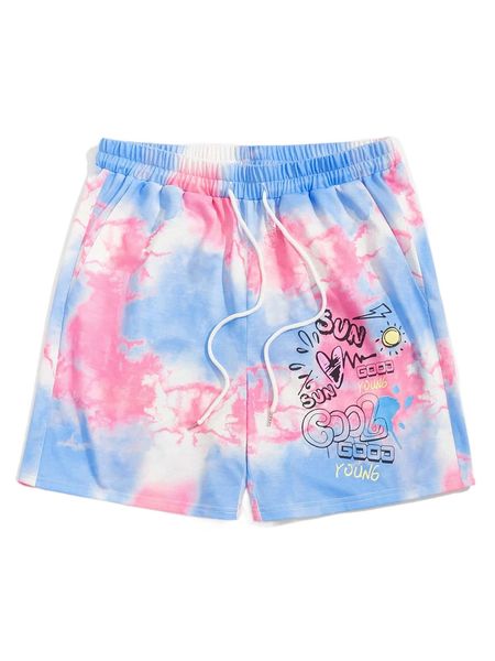 romwe guys tie dye cartoon print drawstring shorts t7ys#, White;black
