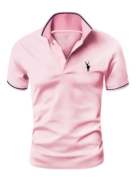 men deer print contrast trim polo shirt n66u#, White;black