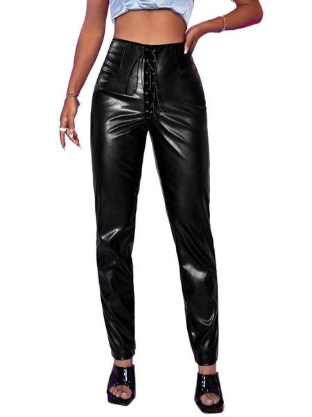 grommet lace up front pu leather leggings 10hp#, White;black
grommet lace up front pu leather leggings 10hp#, White;black