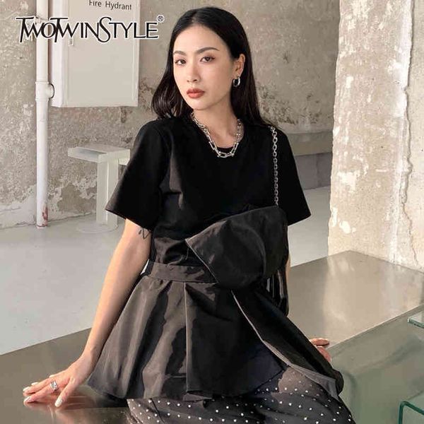 twowinsyle black irregular hem shirt for women o neck short sleeve patchwork bowknot casual shirts female fashion 210423, White
twowinsyle black irregular hem shirt for women o neck short sleeve patchwork bowknot casual shirts female fashion 210423, White