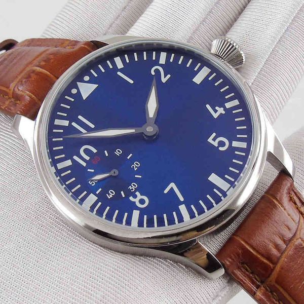 44mm luminous hands 17 jewels blue sterile dial 6497 movement manual mechanical mens watch leather strap, Slivery;brown
44mm luminous hands 17 jewels blue sterile dial 6497 movement manual mechanical mens watch leather strap, Slivery;brown