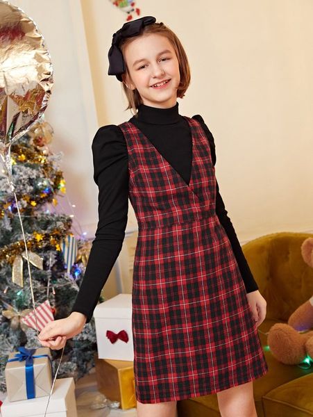 teen girls turtleneck gigot sleeve & tartan print sleeveless dress she, White
teen girls turtleneck gigot sleeve & tartan print sleeveless dress she, White
