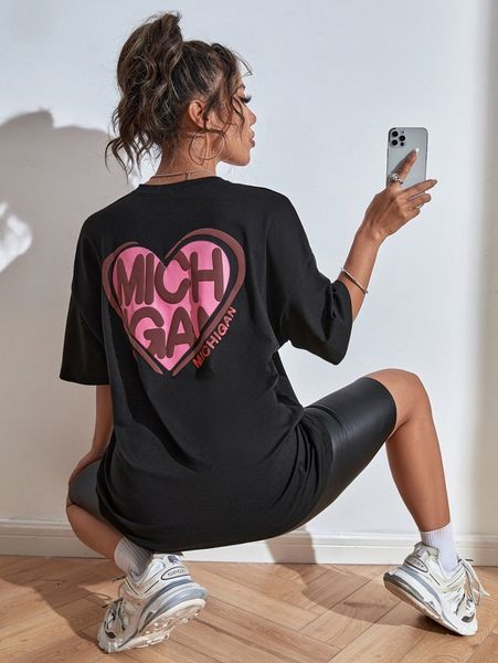 heart and letter graphic drop shoulder tee y8ai#, White 
heart and letter graphic drop shoulder tee y8ai#, White