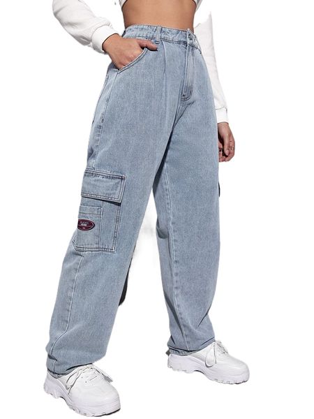 high waist letter embroidered flap pocket cargo jeans x4pb#, Blue