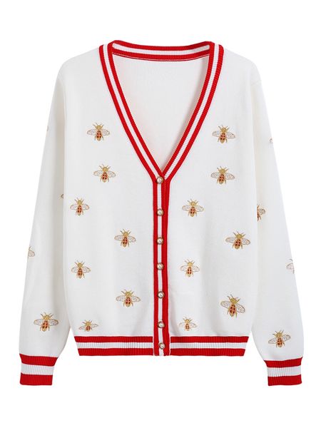 fashion designer bee embroidered cardigan long sleeve single breasted contrast button knit sweater, White;black
fashion designer bee embroidered cardigan long sleeve single breasted contrast button knit sweater, White;black