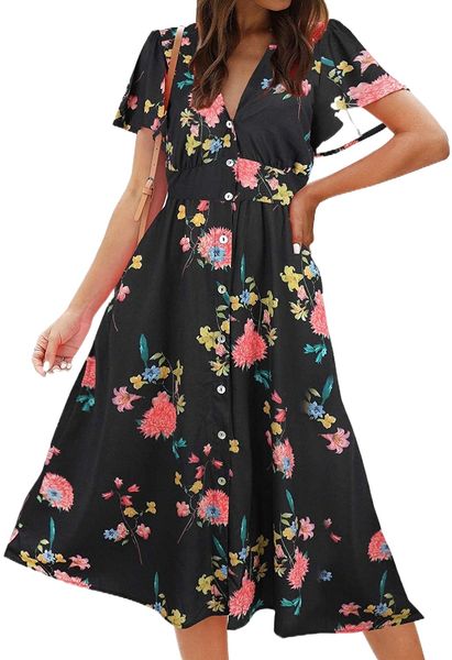 women's floral button up split dress deep v short bell sleeve casual midi dress with pockets s27k#, Black;gray
women's floral button up split dress deep v short bell sleeve casual midi dress with pockets s27k#, Black;gray