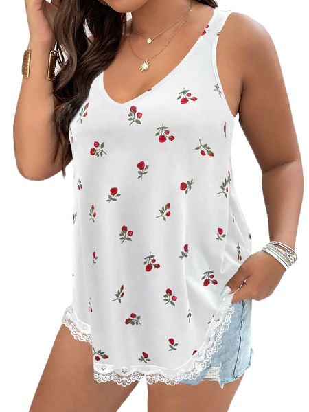 plus floral print lace trim tank h66t#, Black