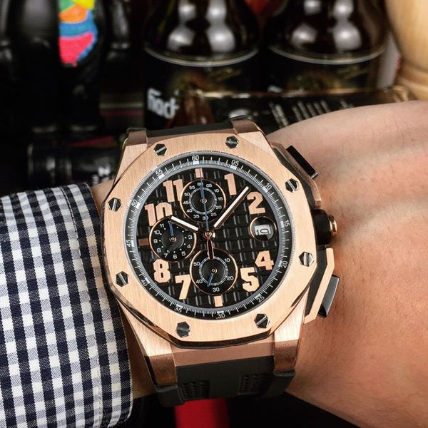 new 45mm rose gold case miyota quartz chronograph mens watch satch black texture dial gold subdial rubber strap sport watchestimezonewatch e, Slivery;brown
new 45mm rose gold case miyota quartz chronograph mens watch satch black texture dial gold subdial rubber strap sport watchestimezonewatch e, Slivery;brown