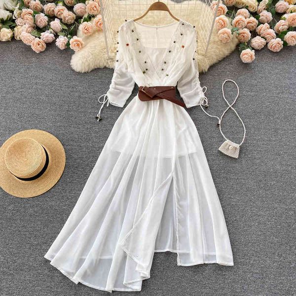 two piece dress 2022 spring style national fake skirt minority design sense drawstring seven sleeve chiffon dress women p447, White
two piece dress 2022 spring style national fake skirt minority design sense drawstring seven sleeve chiffon dress women p447, White