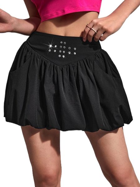 rhinestone detail puff hem skirt z9o0#, Black 
rhinestone detail puff hem skirt z9o0#, Black