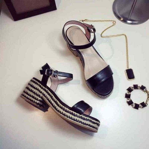 sandals leather sandals women's square high heels buckle summer collection, Black