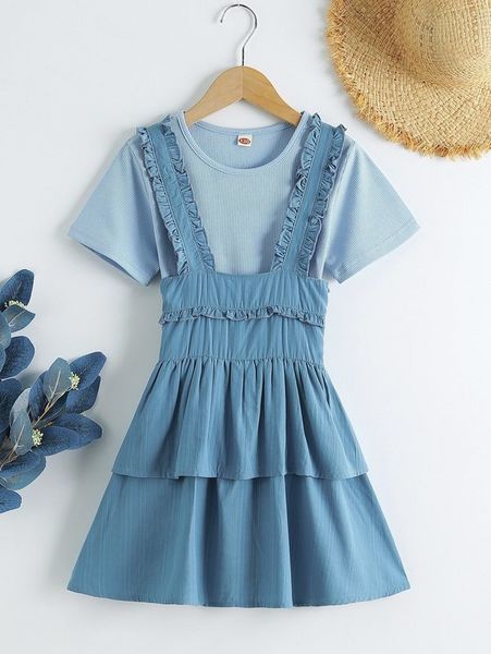 girls rib-knit & layered hem overall dress she, White 
girls rib-knit & layered hem overall dress she, White