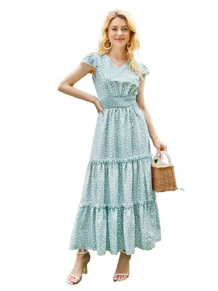 1pc allover print shirred waist frill trim ruffle hem dress g4yj#, Black;gray
1pc allover print shirred waist frill trim ruffle hem dress g4yj#, Black;gray