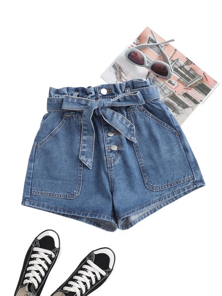 paperbag waist belted denim shorts r2t9#, White;black