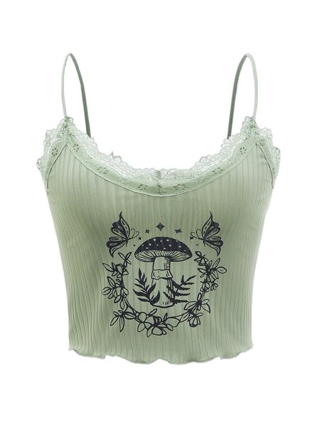 romwe fairy grunge mushroom print lace trim cami t4lz#, White 
romwe fairy grunge mushroom print lace trim cami t4lz#, White