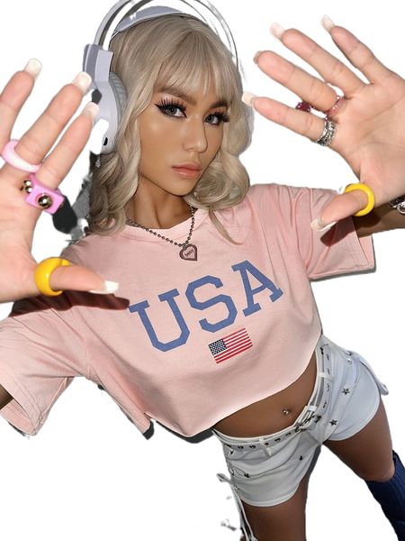 flag and letter graphic crop tee r7ql#, White